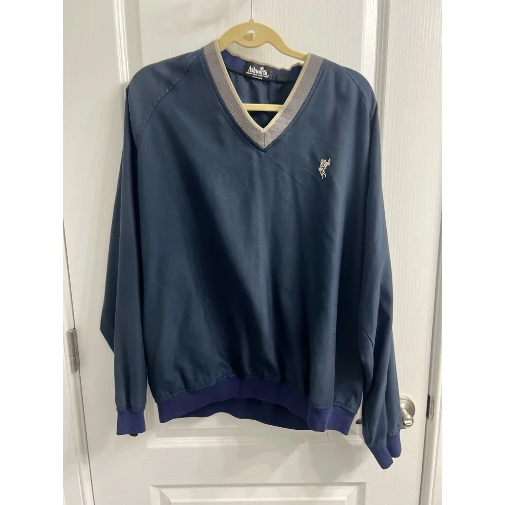 Ashworth Weather Systems Men's L Navy Blue V-Neck Pull Over With Pockets